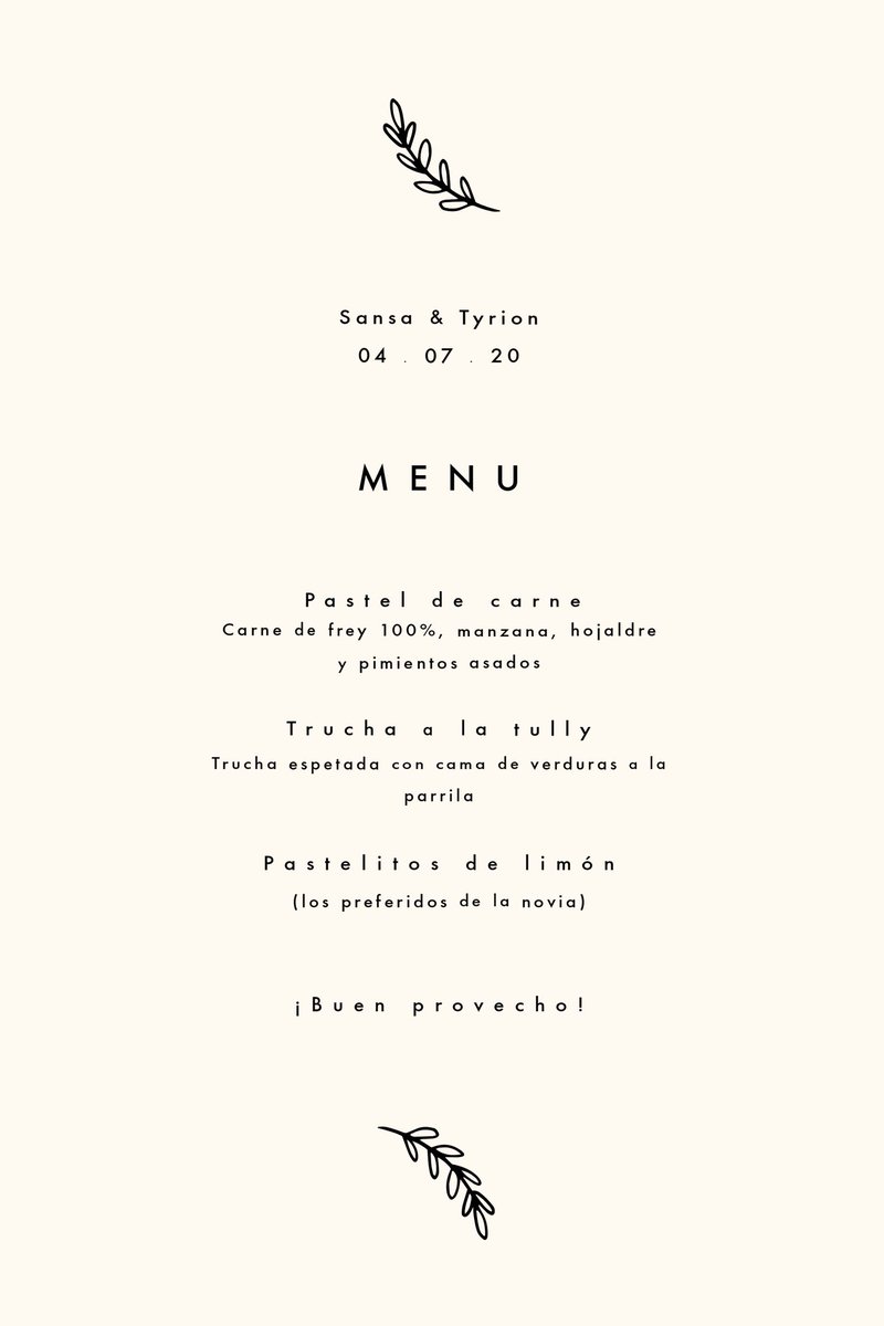 Esta noche podremos disfrutar de un menú degustación de 3 platos en la boda de nuestros queridos <a href="/QxeenInTheNorth/">── 𝑆𝐴𝑁𝑆𝐴 𝑆𝑇𝐴𝑅𝐾.</a> y @TyrixnLannisGoT 

Espero que todos disfrutéis del trabajo de nuestro equipo creativo, este humilde chef se despiede por el momento 

#WesterosThroneWedding