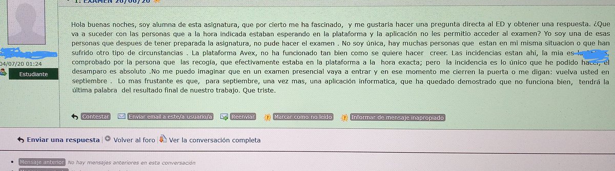 Lu91865715's tweet photo. Solo un ejemplo de lo que ha ocurrido con la alabada aplicación AvEx en los exámenes de la Uned, respuestas cambiadas, en blanco, imposibilidad de acceder, tiempo insuficiente para respuestas... Ninguna ventanilla da soluciones.#UNEDinjusta #PsicologiadelaEducacion #UNEDCensura https://t.co/T7G0njf3sQ