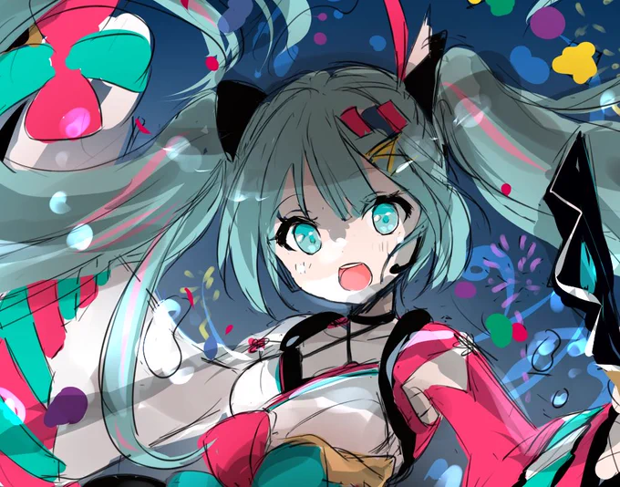 #みんなで作るマジカルミライ合同誌
参加させていただく合同誌マジミラちゃん2020ラフ直ししてる～!色付き→線画描き直し
カラフルどっかーんなマジミラちゃん2020になりますなぁ! 