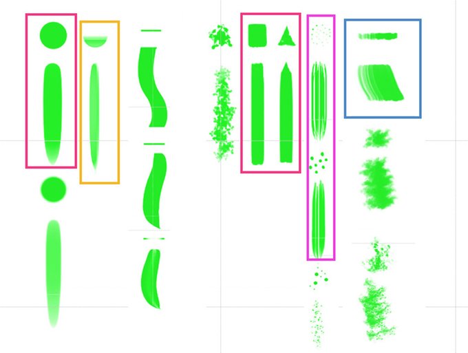 筆テクスチャ紹介しますね
 塗りイラスト講座とまでは言えないけど、どこに使ってるかも描いておきます
 個人的ポイントは、ぼかしが好きではないので、パキットしてるか、グラデーションもしくはスクラッチが殆どです 