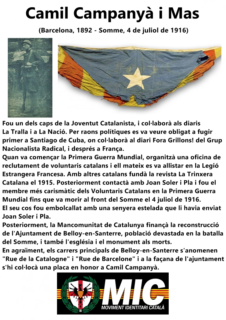 MICCatalunya's tweet photo. El 4 de juliol de 1916 va morir en combat al front del Somme Camil Campanyà i Mas, militar català.
El seu cos fou embolcallat amb la senyera estelada que li havia enviat Joan Soler i Pla. https://t.co/oD9qyxR5rE