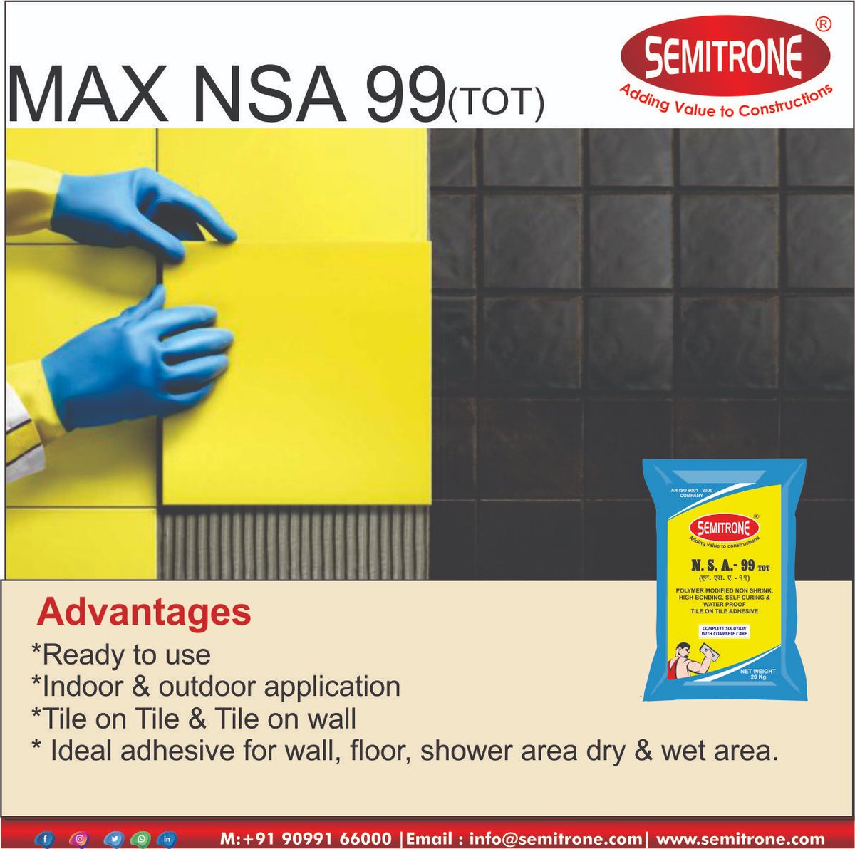 N.S.A. 99 is special tile adhesive for “Tile on Tile” application.It is specially made for Ceramic Tiles, Vitrified Tiles flooring etc. It is both for exterior and interior applications.
#tileontile #adhesive #waterproofingchemical #constructionchemical #Semitroneconchem