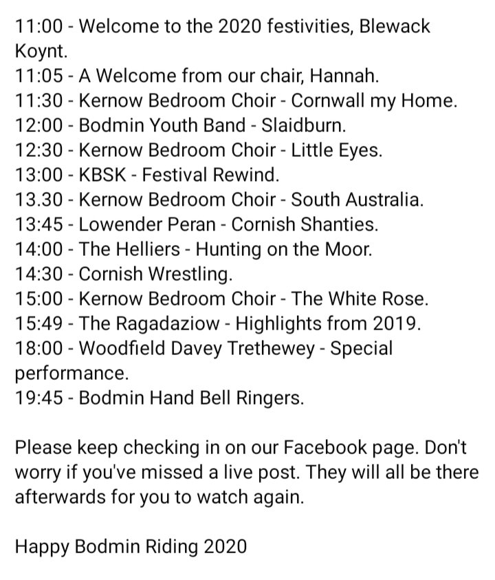 Our Alternative #BodminRiding2020 Celebrations are happening over on Facebook right now! Don't miss your chance to join in with the competition &amp; all the fun! Dont worry if you miss it live, they'll be available to watch on YouTube and FB afterwards too. More info on our website.