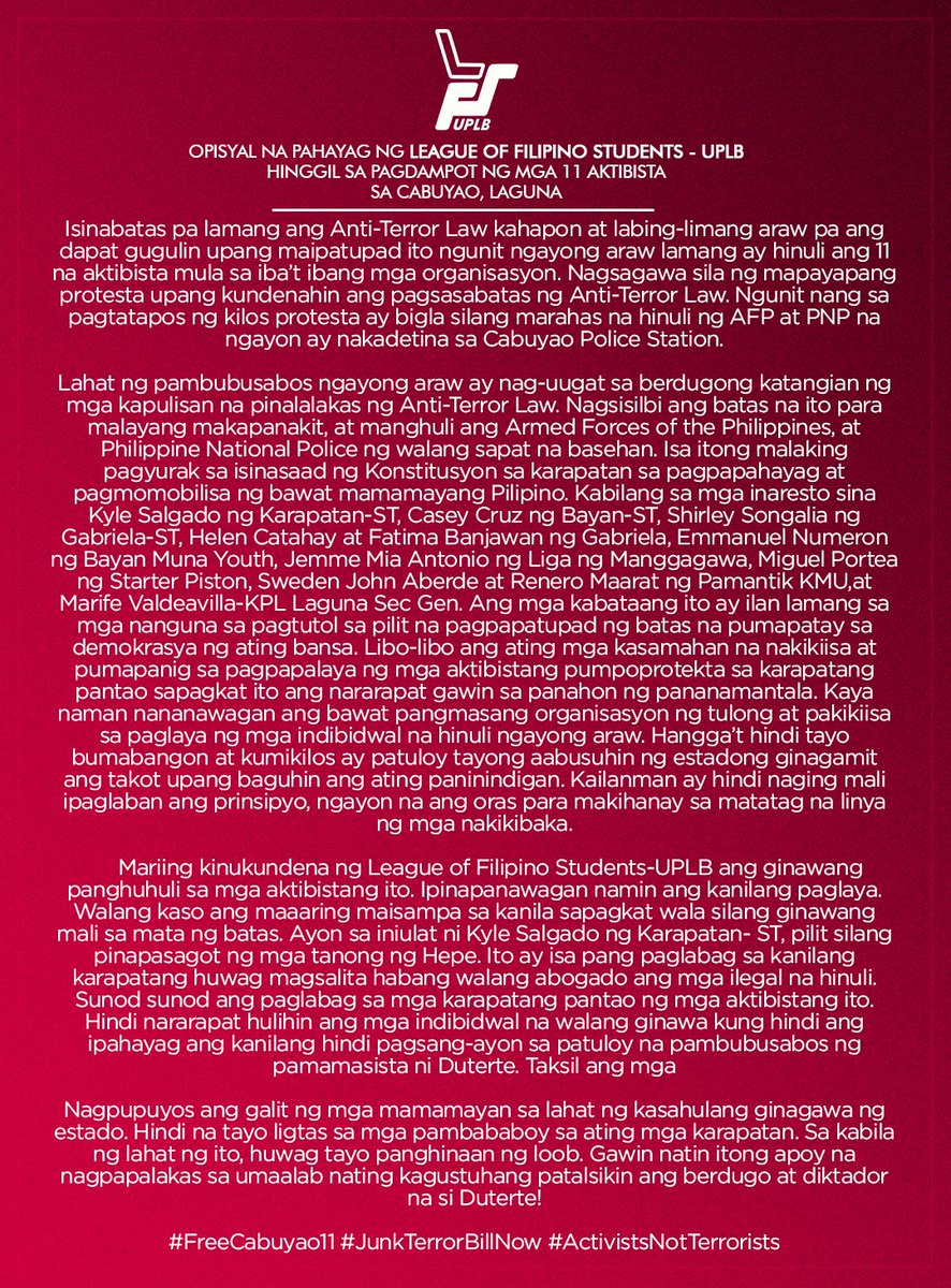 Kaisa ang LFS UPLB sa panawagang palayain ang Cabuyao11! Kailanman ay hindi naging mali ang ipaglaban ang prinsipyo. Ngayon na ang oras upang makihanay sa matatag na linya ng mga nakikibaka.

#FreeCabuyao11
#ActivistsNotTerrorists
#JunkTerrorBillNow