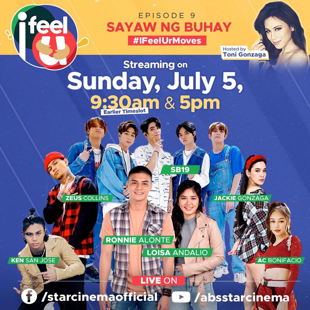 StarCinema's tweet photo. Let's get our bodies moving this Sunday morning! Sumabay na sa kwentuhan at sayawan with our special guests SB19, Jackie Gonzaga, Zeus Collins, AC Bonifacio, Ken San Jose, Loisa Andalio and Ronnie Alonte! #IFeelUrMoves sa usapang sayaw ng buhay sa #IFeelU! https://t.co/XXltWkwsAP