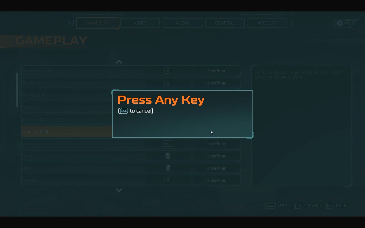 Key Remapping allows two binds per action. You can use any key and extra mouse buttons. Just click and press new key. On screen prompts/UI reflects only the main key assigned. Simple and clean. 32 inputs in total. When a key is repeated it is unbound automatically, with warning.