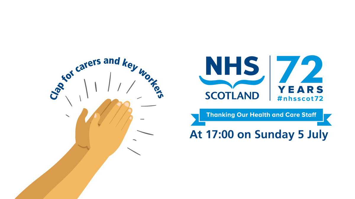 CarersScotland's tweet photo. At 17:00 on Sunday 5 July, there will be the biggest, loudest and final clap for carers and key workers. Join in and make same noise to thank our carers and key workers and to mark 72 years of the NHS and social care system in Scotland #nhsscot72 👏 https://t.co/edlTw9KmLA