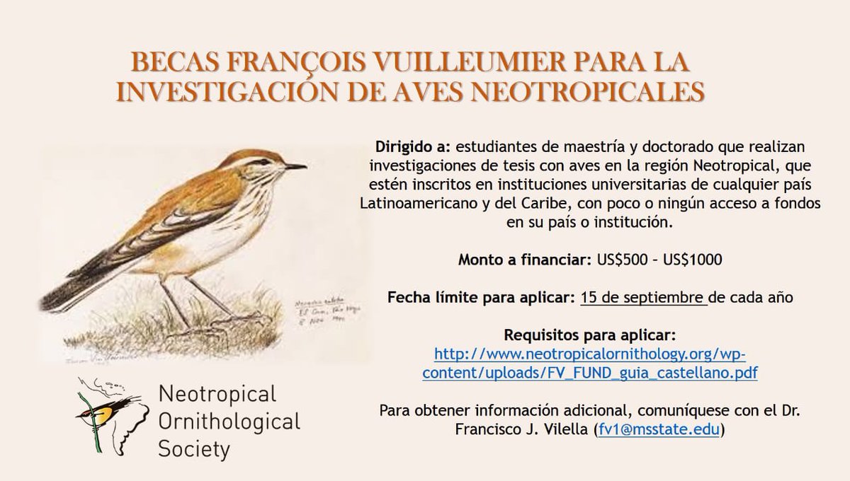 ¿Eres estudiante de maestría o doctorado? ¿Estas desarrollando tus investigaciones con #aves en el #Caribe o cualquier país de #Latinoamérica? Entonces, las becas François Vuilleumier son una gran oportunidad ¡Por favor RT! Así todos los estudiantes se enteran.