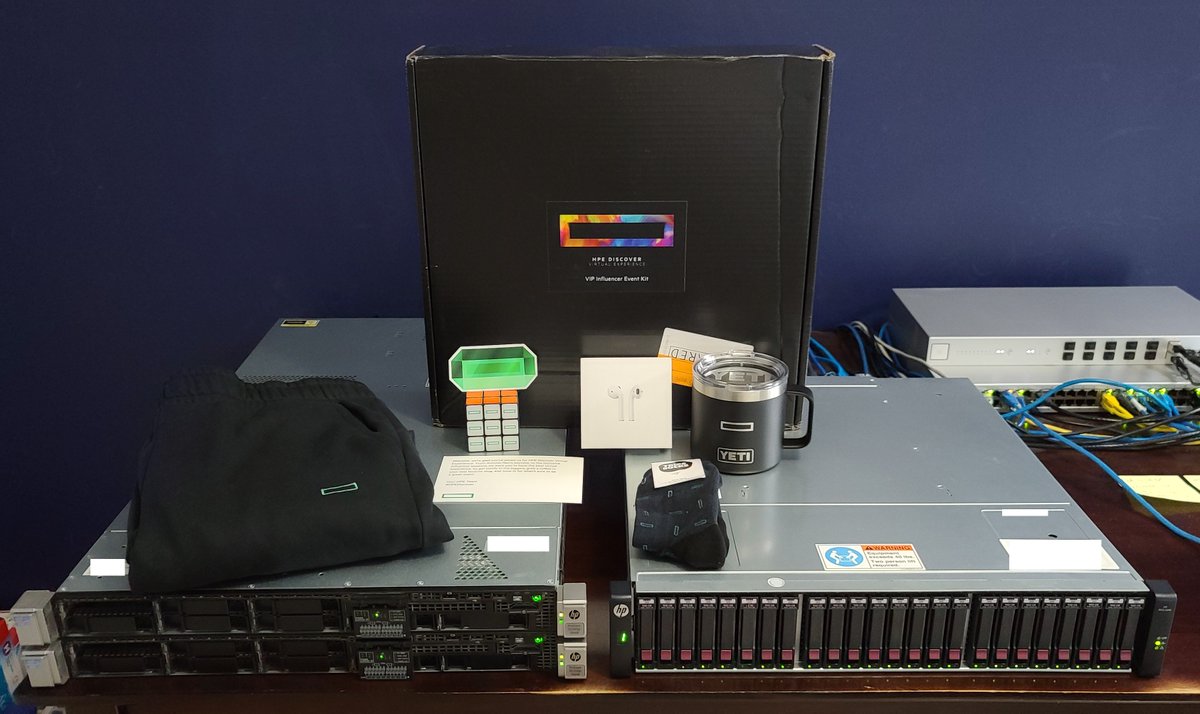 StephenWagner7's tweet photo. Just got my #HPEDiscover #Swag bag! A bit late due to some issues with FedEx, but it got here!!! Thought it was appropriate to unbox on-top of a portion of my #homelab featuring some @HPE Servers and Storage. 🤓

#HPEInfluencer #HPEProud #HPEPartner
@HPE_Discover @HPE_Compute https://t.co/YpEuNwaRQh
