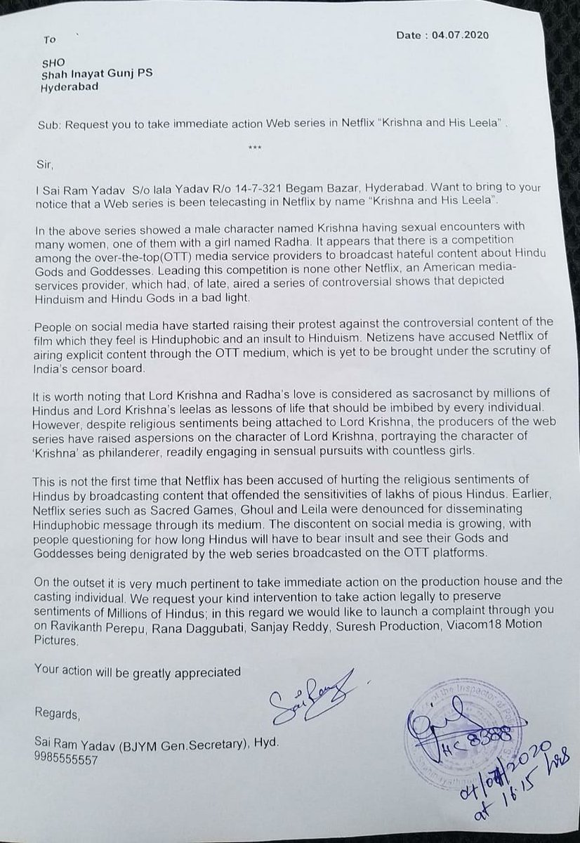 LadduYadavBJP's tweet photo. Today i have filed a complaint against #KrishnaAndHisLeela web series which is been released by #Netflix at Shahinayat Gunj Police Station in #Hyderabad. https://t.co/Oru2DCnqUl