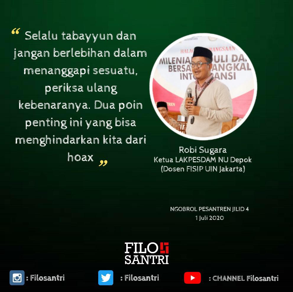 FiloSantri's tweet photo. Ada 2 prinsip untuk membentengi diri kita dari hoax : "Selalu tabayyun dan jangan berlebihan terhadap sesuatu"

Perkataan dari Pak Robi Sugara M. Sc saat diskusi virtual pada tanggal 1 Juli 2020 malam hari. https://t.co/Kycq2dspuT