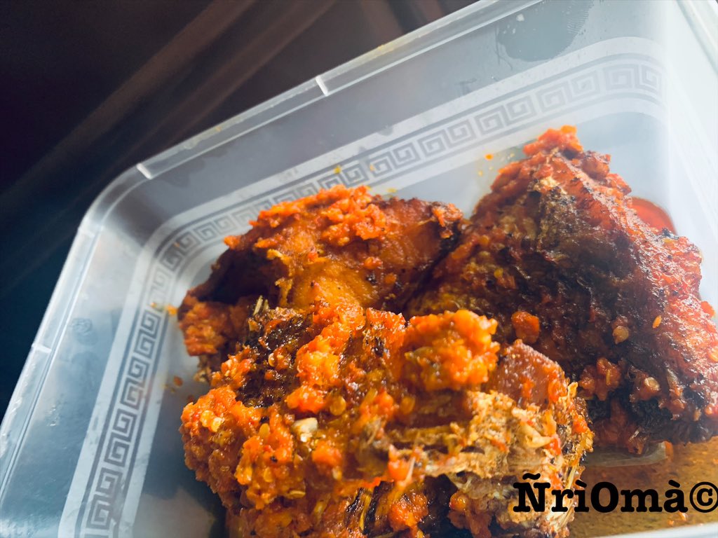 Abacha served with chicken in pepper sauceCroaker fish is also available 