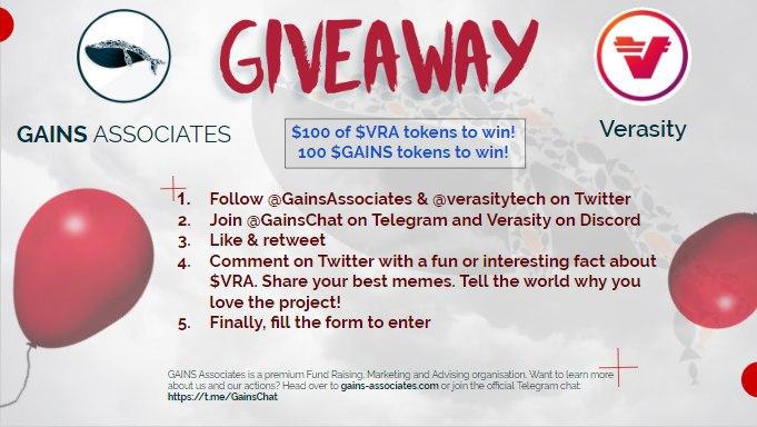 GAINS Associates (@gainsassociates) on Twitter photo ๐จYou have 24 hours to give us your best $VRA fact. Tell the world why you believe in the project, the team and the community! Share your best memes.
Comment below, like, retweet and follow <a href="/GainsAssociates/">GAINS Associates</a> and <a href="/verasitytech/">Verasity (2025 โฉ)</a>
Fill this form to enter: forms.gle/7xrZjnEtVXVj12โฆ ๐จYou have 24 hours to give us your best $VRA fact. Tell the world why you believe in the project, the team and the community! Share your best memes.
Comment below, like, retweet and follow <a href="/GainsAssociates/">GAINS Associates</a> and <a href="/verasitytech/">Verasity (2025 โฉ)</a>
Fill this form to enter: forms.gle/7xrZjnEtVXVj12โฆ