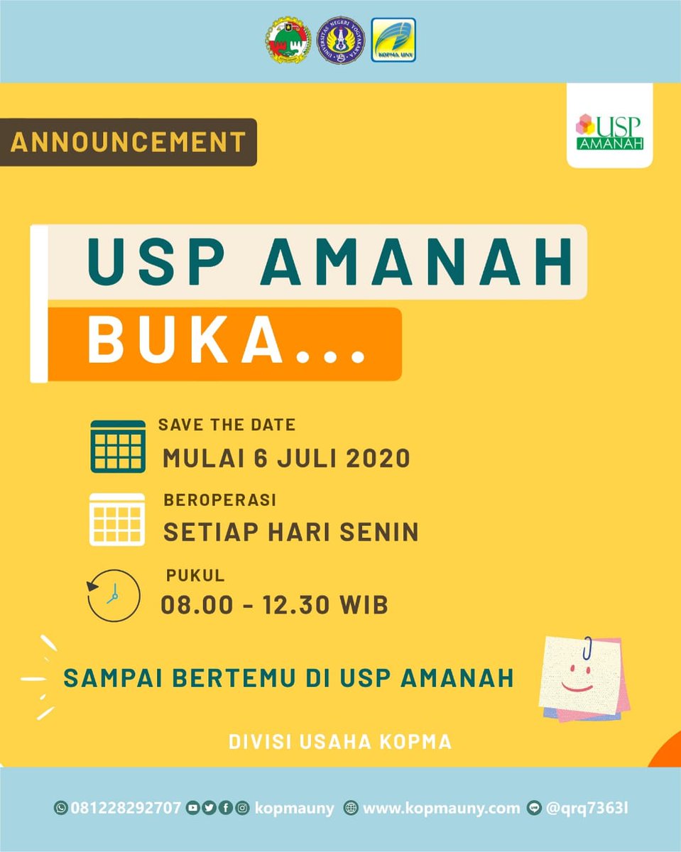 kopmauny's tweet photo. Halo halo Kopmania!
Kabar gembira nih buat sobat Kopma sekaligus USP Amanah loper. Apa ni?
USP Amanah buka kembali mulai 6 Juli 2020. Dengan jam operasional yang baru ya tentunya. Yuk simak..
#kopma #kopmauny #bravokopma https://t.co/A8vQ6Y0WK2
