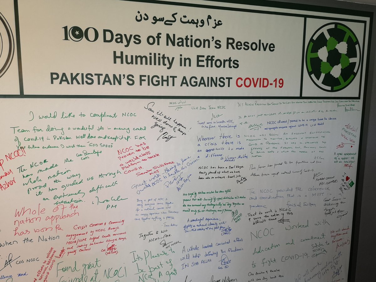 Asad_Umar's tweet photo. Remarks of the PM @ImranKhanPTI and other visitors on the NCOC wall, on the occasion of 100 days of NCOC operation. Proud of the NCOC team which has worked without a break for 100 days to coordinate the national effort to deal with the unprecedented challenge posed by Covid19 https://t.co/f00eKbrVVr