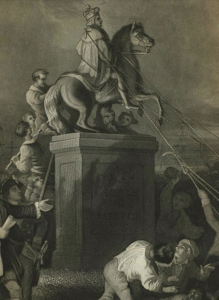 Erin_Chandler52's tweet photo. @realDonaldTrump 🇺🇸 Happy Independence Day! 🇺🇸 Heroes, not villains, pulling down the statue of King George III upon hearing the Declaration of the Independence for the first time in NY, July 1776. @ProjectLincoln https://t.co/0Us0w6XwEL