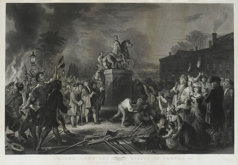 Erin_Chandler52's tweet photo. @realDonaldTrump 🇺🇸 Happy Independence Day! 🇺🇸 Heroes, not villains, pulling down the statue of King George III upon hearing the Declaration of the Independence for the first time in NY, July 1776. @ProjectLincoln https://t.co/0Us0w6XwEL