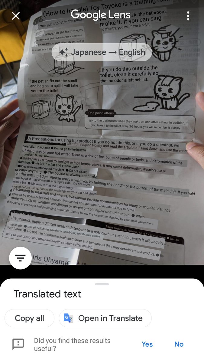 So our new litter tray arrived this morning with instructions in Japanese! Thought of trying the #googlelens. Very handy even if the translation isn't perfect! #Android