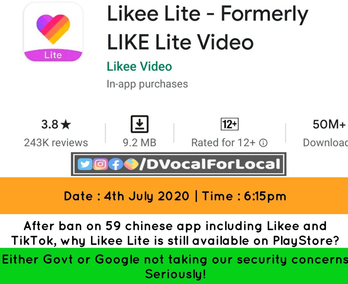 DVocalForLocal's tweet photo. We request @mygovindia and @GoogleIndia to remove #LikeeLite app immediately!
#ChineseAppsBanned #ChineseAppsBlocked #MadeInIndia #VocalForLocal https://t.co/SUT59oLemU