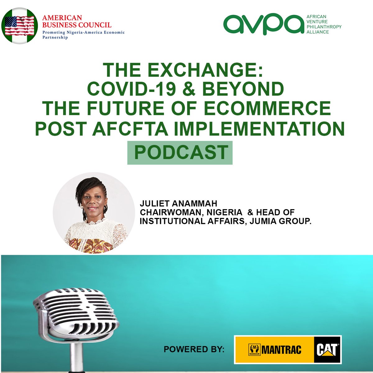 CovidBeyond's tweet photo. For the next episode, @ABCouncil_ng and @_avpa_  will be hosting Juliet Anammah, Chairwoman Nigeria and Head of Institutional Affairs @Jumia_Group  on the future of ecommerce post AfCFTA Implementation on the 4th of July, 2pm WAT. https://t.co/1ipBTBwYNG