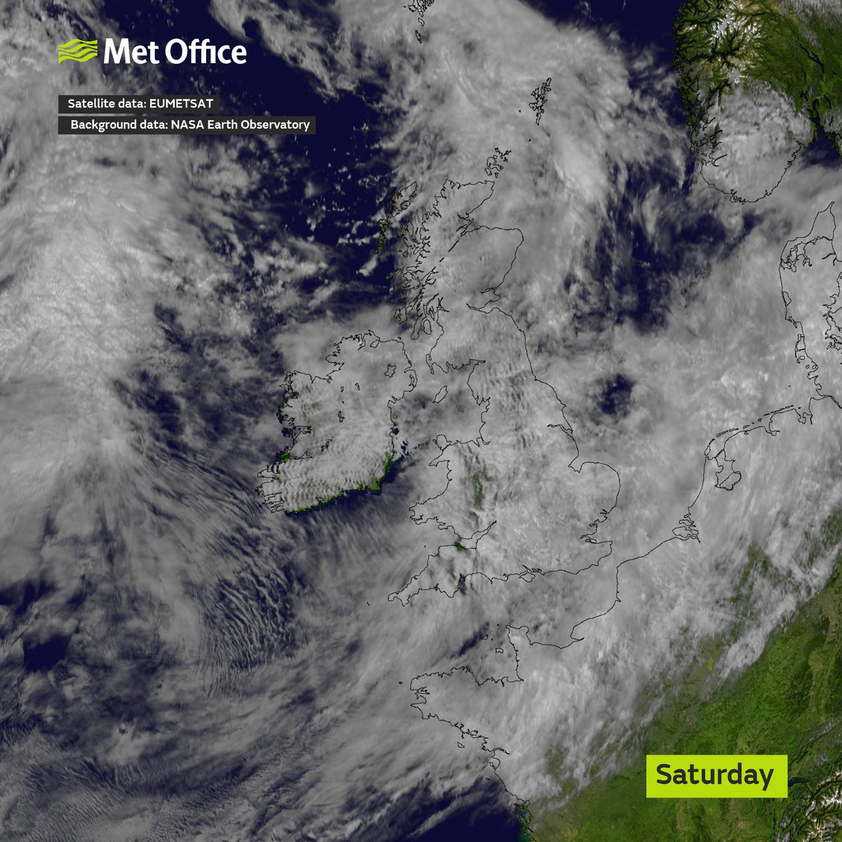 metoffice's tweet photo. It's pretty cloudy across much of the UK today as this satellite picture shows.

There are some brighter or sunnier spots, here or there, and these are found mainly down wind of high ground👇 https://t.co/R5CsV5yhZ1