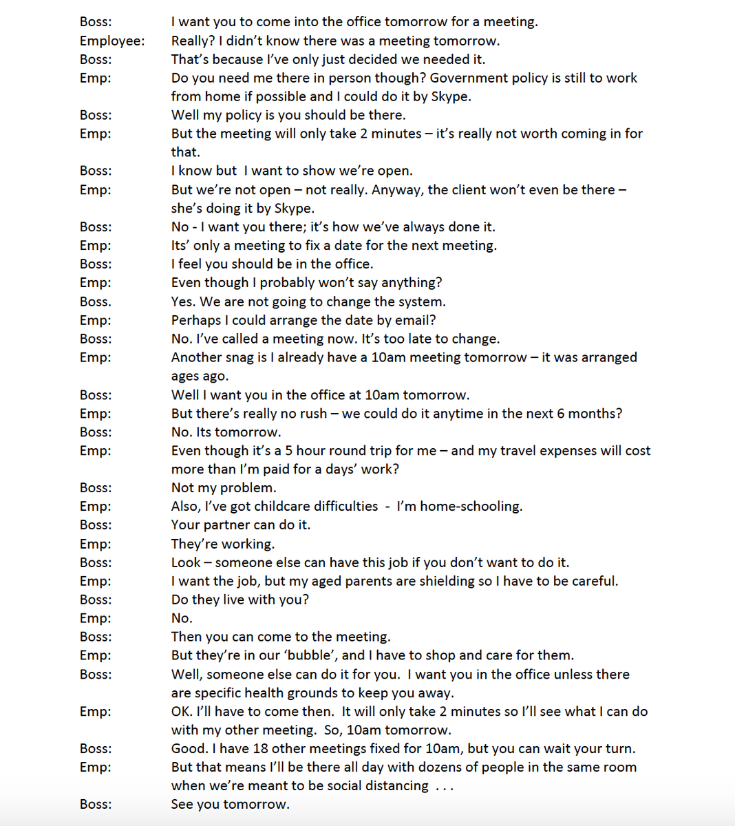 nmbarraclough's tweet photo. Making everyone attend court for routine hearings is outdated. We can do it remotely. Lockdown has proved we can.
Below is a fictional conversation. Its based on actual comments made by judges/courts to barristers.
Would this occur in any other job? https://t.co/ndp1tWmY3L