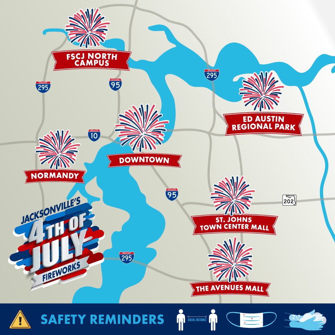 💥Tonight's fireworks celebration will begin at 9:45 p.m at all 6 locations + live on <a href="/wjxt4/">News4JAX</a> . 🔊 The official fireworks audio will be broadcast on @979kissfm &amp; <a href="/991wqik/">99.1 WQIK</a>. The City of Jacksonville Office of Sports &amp; Entertainment wishes you a happy and safe Independence Day! 💥