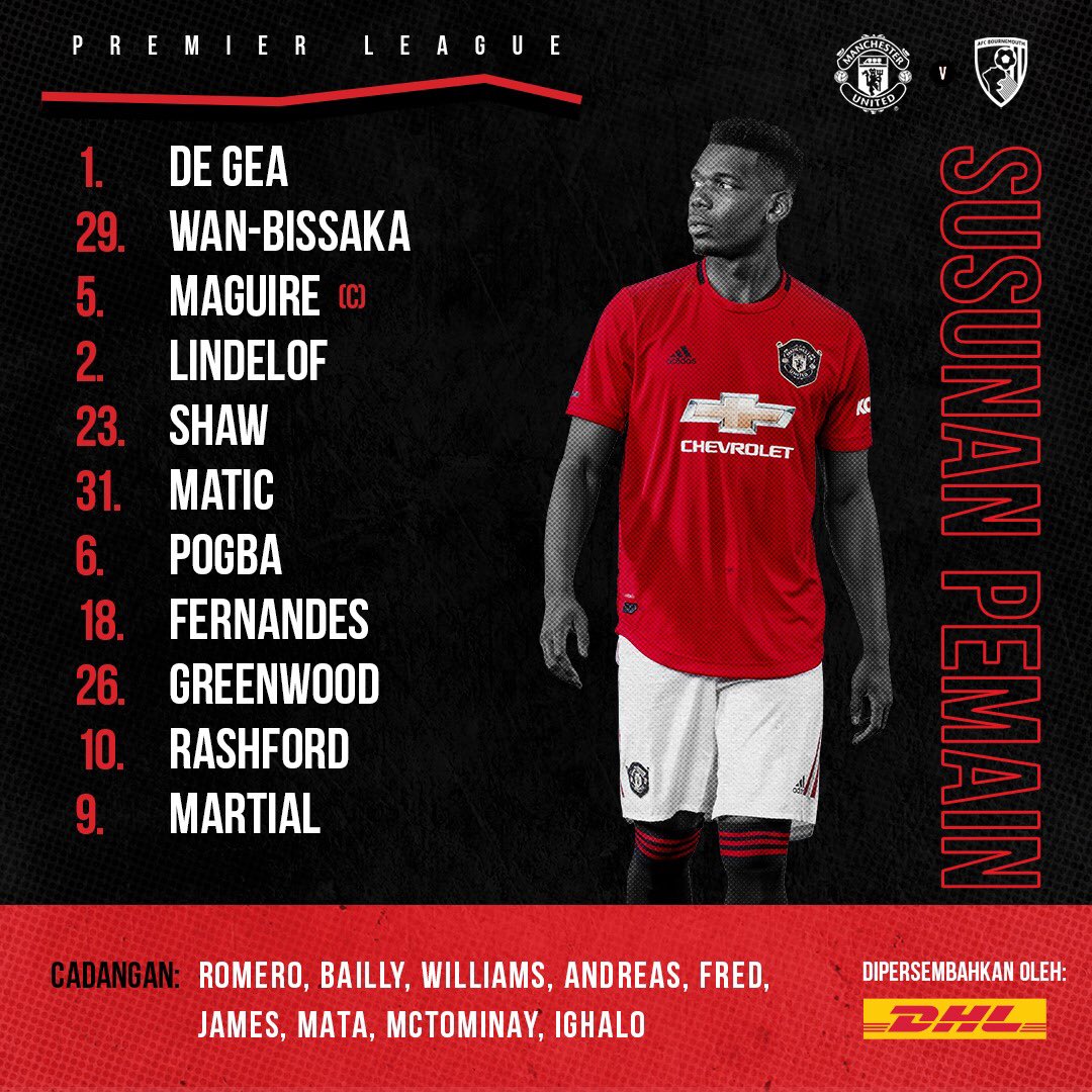 ManUtd_ID's tweet photo. Susunan 1️⃣1️⃣ pemain pertama melawan Bournemouth malam ini. 👊

#MUFC #MUNBOU https://t.co/aCvBiuWBkb