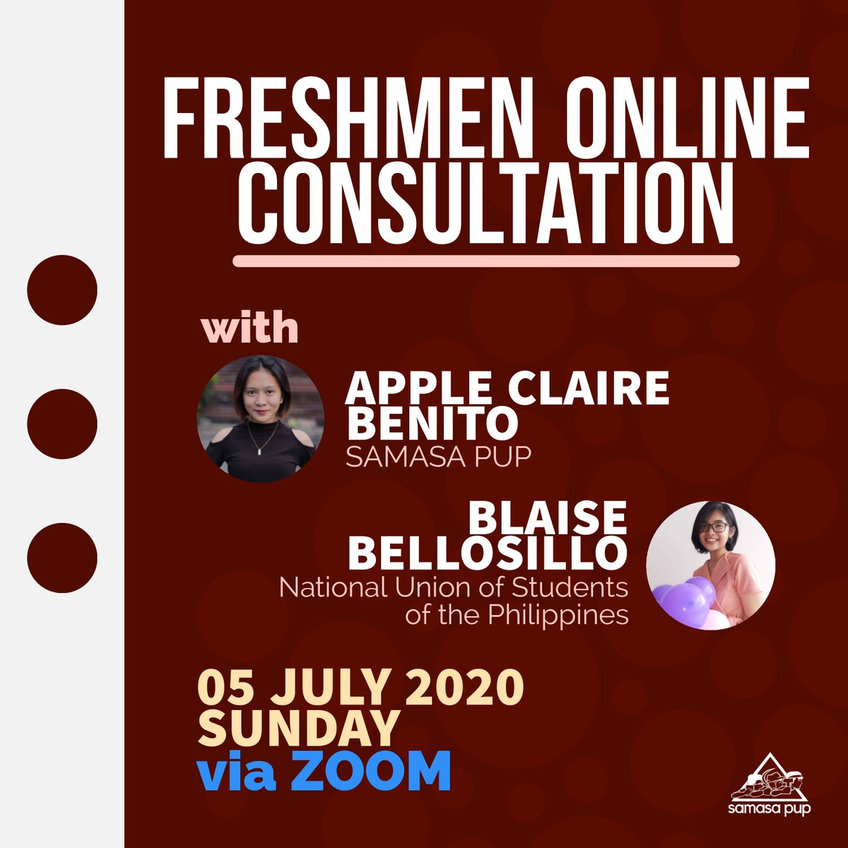 SAMASAPUP_'s tweet photo. Mga Iskolar ng Bayan! Narinig namin ang inyong hinaing at paghihirap sa Online Enrollment kaya naman maglulunsad ang SAMASA PUP ng Freshmen Online Consultation upang matulungan kayo at bigyang kasagutan ang inyong mga katanungan. 

SAMAHAN NIYO KAMI! 

Bukas, 1 pm via ZOOM app https://t.co/sJ3NtbAlg7