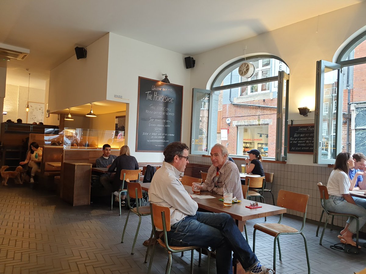 Here's the general view at the Horseshoe. Plastic screens between tables and a QR code for you to scan when you arrive to register your details. Hand sanitiser stations around too. Now to wander down Rosslyn Hill to Belsize Park...