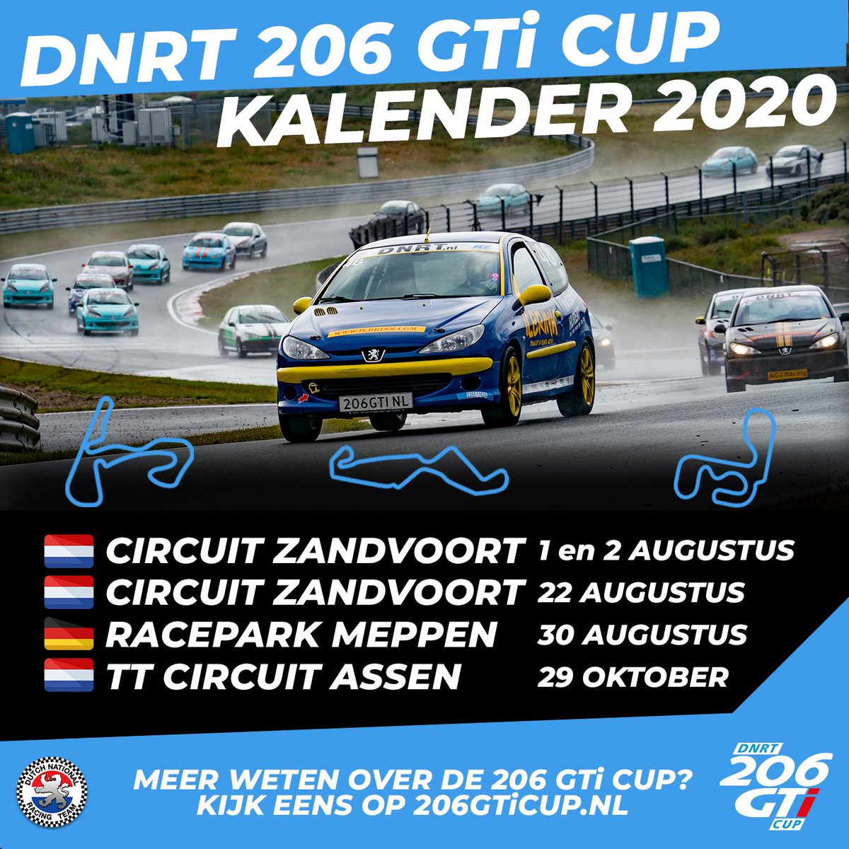 De 2020 206 GTi Cup kalender is geupdate! We racen tweemaal op Circuit Zandvoort, op Racepark Meppen en op het TT Circuit in Assen