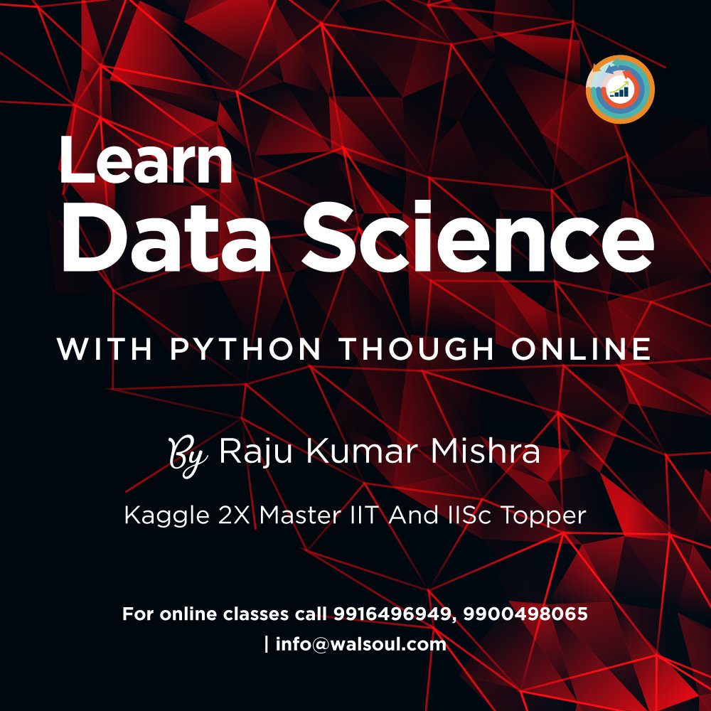 shashis35677445's tweet image. Walsoul Training Institute.
#OnlineDataSciencecourse, Learn Data Science with #Python from Kaggle Master 2X Raju Kumar Mishra IIT and IISc Topper. For more information please call on 9916496949, 99004 98065, mail - info@walsoul.com
Instagram: instagram.com/walsoulpvtltd/