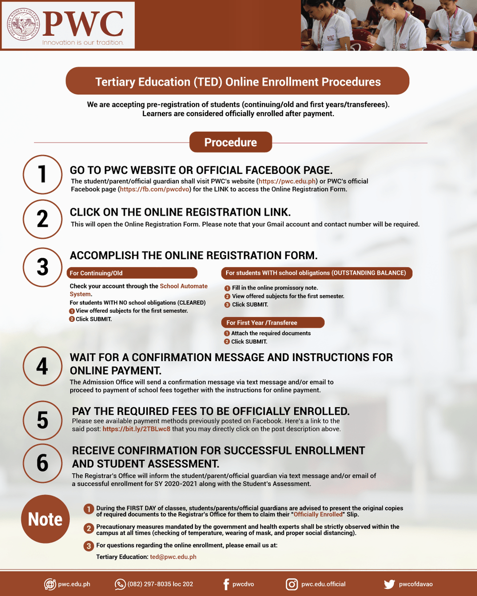 pwcofdavao's tweet image. TED ENROLLMENT | Enrollment period for TED old students and transferees is opening in a few days! Here are the ONLINE and WALK-IN Enrollment Guidelines to help you get officially enrolled.

#TertiaryEducation
#PWCDigitalLearningCommons
#PWCO2Approach