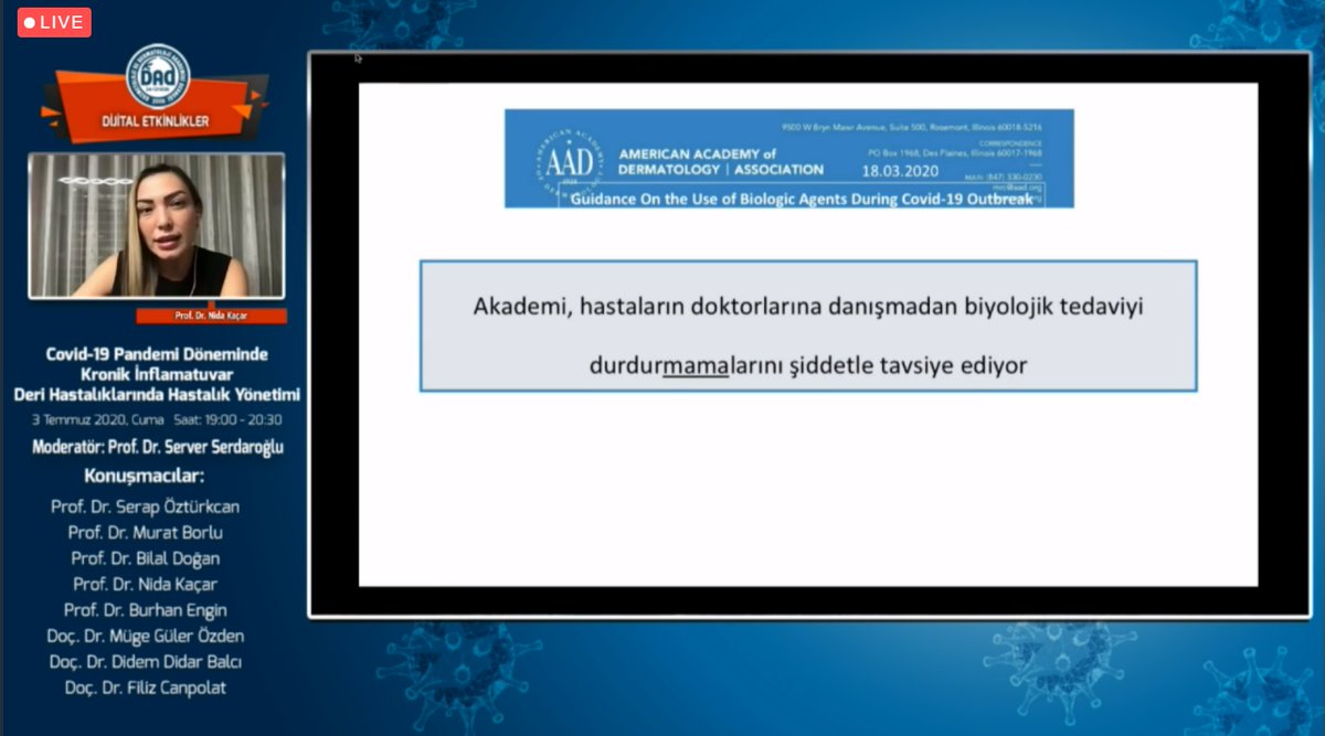 kozmetolojider's tweet photo. Prof. Dr. Server Serdaroğlu moderatörlüğünde, hekimlere yönelik “Covid-19 Pandemi Döneminde Kronik İnflamatuvar Deri Hastalıklarında Hastalık Yönetimi” konulu webinar yoğun katılımla gerçekleştirildi.
Programa katılan tüm katılımcılarımıza teşekkür ederiz.
#derihastaliklari
#KDAD https://t.co/ItffErUlYF