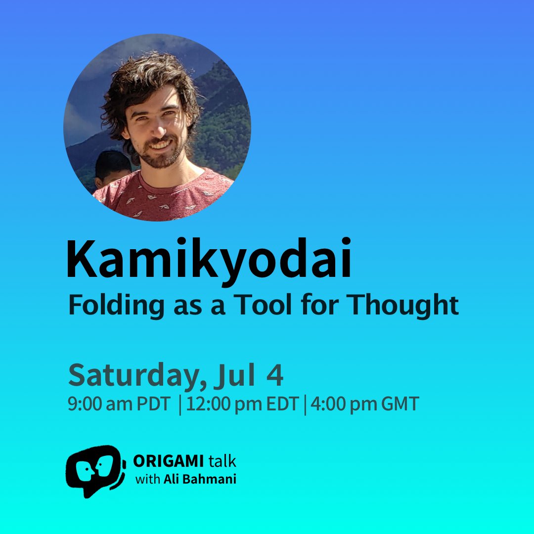 TalkOrigami's tweet photo. Folding as a Tool for Thought - Origami Talk with Kamikyodai starts in 2 hours.

Register at https://t.co/JX0NGGhU0c
#origamitalk @alibhmni https://t.co/GxonhoJ7j6