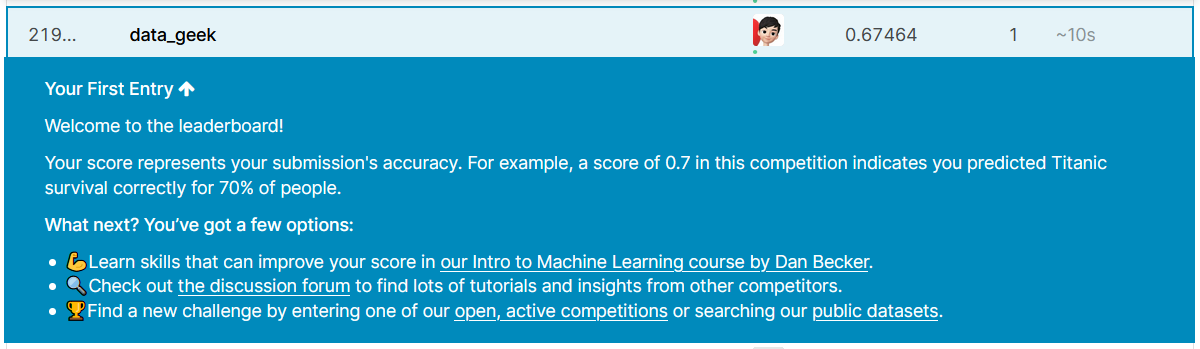 DatageekGeek's tweet image. 「kaggleスタートブック」を買って使い方から勉強してます📘
まずははじめてのkaggleコミット🎉

#kaggle #DataScientist #