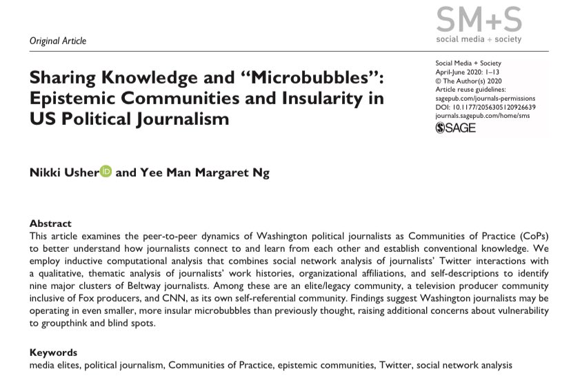 Nik Usher (they/them) (@nikkiusher) on Twitter photo 🧨🔔📢I have two new publications out, perfectly cycnical enough for the 4th. #1, with <a href="/ng007007/">Margaret NG</a>, confirms what we already know in more detail: DC political journalism is a big bubble, but adds more detail - it’s potentially more concerning microbubbles
journals.sagepub.com/doi/full/10.11… 🧨🔔📢I have two new publications out, perfectly cycnical enough for the 4th. #1, with <a href="/ng007007/">Margaret NG</a>, confirms what we already know in more detail: DC political journalism is a big bubble, but adds more detail - it’s potentially more concerning microbubbles
journals.sagepub.com/doi/full/10.11…