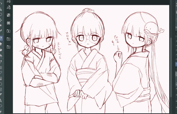 和服ネモちゃんを1人だけ描こうと思っていたら3人になっていました…これ全員描くまで止まらないやつ… 