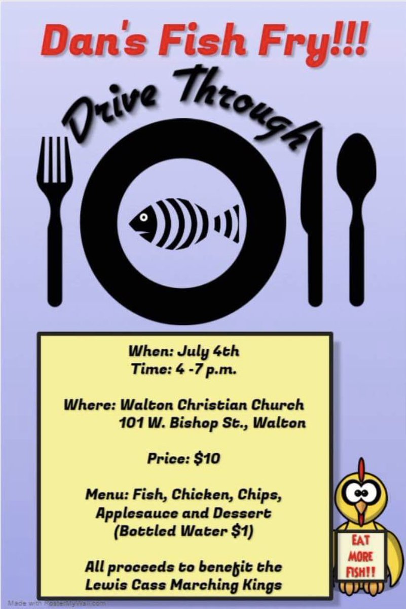 LCMarchingKings's tweet photo. TODAY is the day!

Come swing by Walton Christian Church tonight from 4-7pm for some delicious fish and chicken! Happy 4th of July from the Lewis Cass Bands!

https://t.co/5q6kn14rIU https://t.co/ulSR4i47LJ