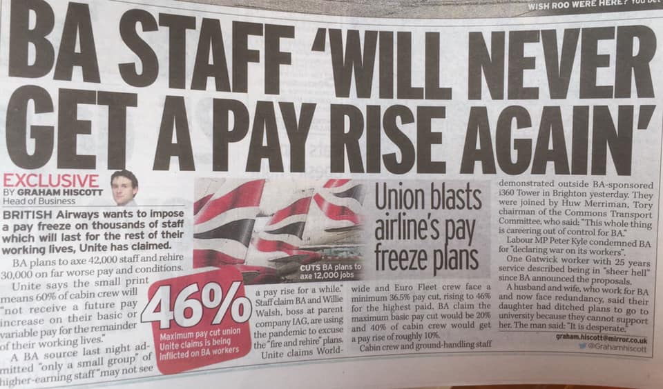 .@HuwMerriman Todays Daily Mirror reporting BA new t+c whereby staff will have a pay freeze4 t rest of your flying career. Poverty pay so staff cannot afford a home, family, education, rent+so on .#BAStopThinkAgain .@LenMcCluskey .@ITVJoel