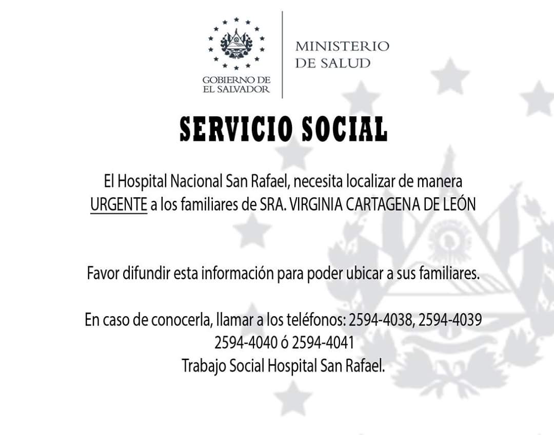 InformaTV_'s tweet photo. El @HNSanRafael, informó que necesitan localizar de manera urgente a los familiares de: Rodrigo Baires, María Julia Martínez y Virginia Cartagena de León.

#ITVX https://t.co/tZ1iePfMBZ
