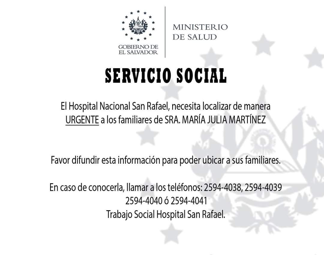 InformaTV_'s tweet photo. El @HNSanRafael, informó que necesitan localizar de manera urgente a los familiares de: Rodrigo Baires, María Julia Martínez y Virginia Cartagena de León.

#ITVX https://t.co/tZ1iePfMBZ