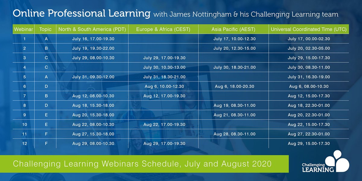 JamesNottinghm's tweet image. Delighted to be part of a new series of #ChallengingLearning #Webinars running from 17 July to 29 August. Reserve your spot here: challenginglearning.com/challenging-le…
6 topics, 12 sessions, each one lasting 2.5 hours. In-depth, interactive, and timed to suit as many time zones as possible