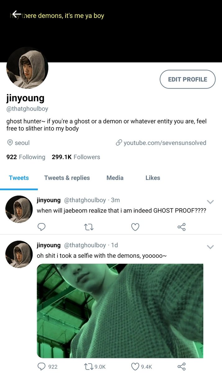 characters:jinyoung: does not believe in any sort of entitiesjaebeom: believes that there are wandering spirits and ghosts