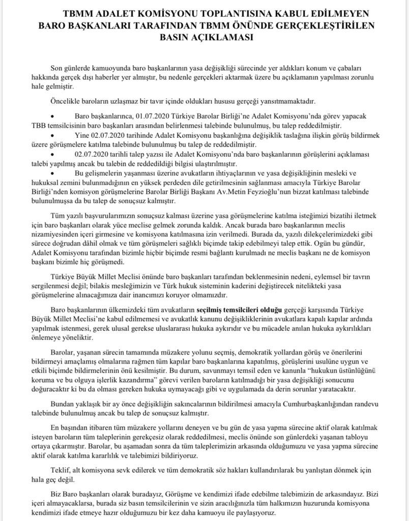 TBMM Adalet Komisyonu toplantısına kabul edilmeyen Baro Başkanları tarafından TBMM önünde gerçekleştirilen basın açıklaması 
#vazgeçmeyeceğiz