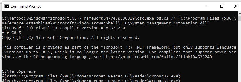 0gtweet's tweet image. Wrap your #PowerShell script into simple C# file and compile it on any Windows machine to avoid alerts and bans focused on powershell.exe. 😎

The code and more detailed instruction: github.com/gtworek/PSBits…