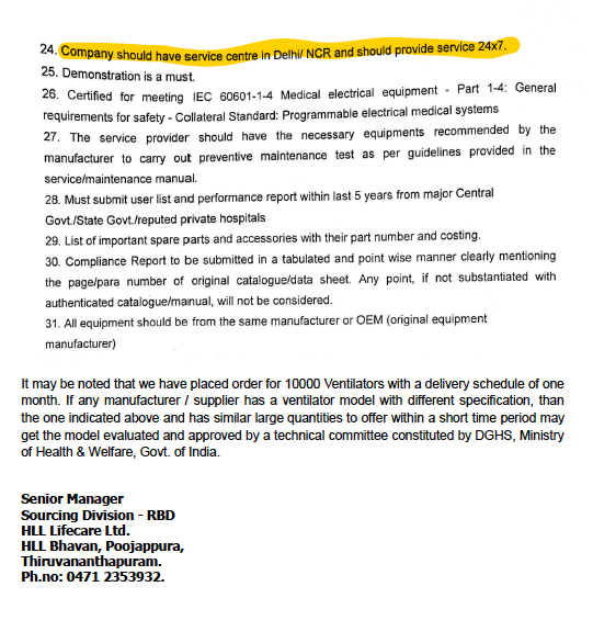 On 5 Mar, govt-owned HLL Lifecare issued a tender for procurement of ventilators.This tender was amended a number of times.On 27 Mar, an amendment was issued which made 2 conditions:(a) co. should have EU/US FDA approval(b) co. should have a service centre in Delhi.(2/9)