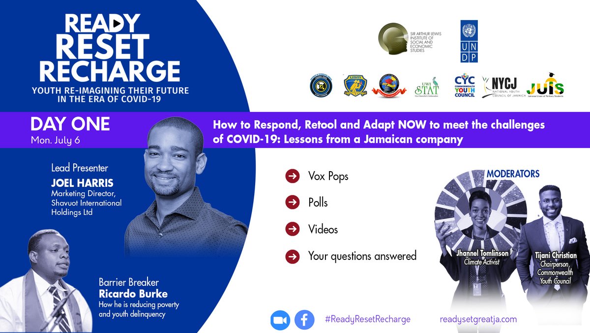 #ReadyResetRecharge, DAY 1⃣ OF 5⃣,📅MON JUL 6: Joel Harris of <a href="/ShavuotBrands/">Shavuot Brands</a> on how his co.💪over #COVID19, &amp; Ricardo Burke of <a href="/yutes4change/">Yutes4change</a> ➕ Messages from <a href="/Antonio67Denise/">Denise Antonio</a> &amp; <a href="/aldriehl/">ALDRIE HENRY-LEE</a> &amp; your Vox Pops. Moderated by <a href="/Jaybritz/">Jhannel Tomlinson-Evans</a> &amp; <a href="/TijaniChristian/">Tijani R. Christian, Esq</a> REGISTER👉 readysetgreatja.com