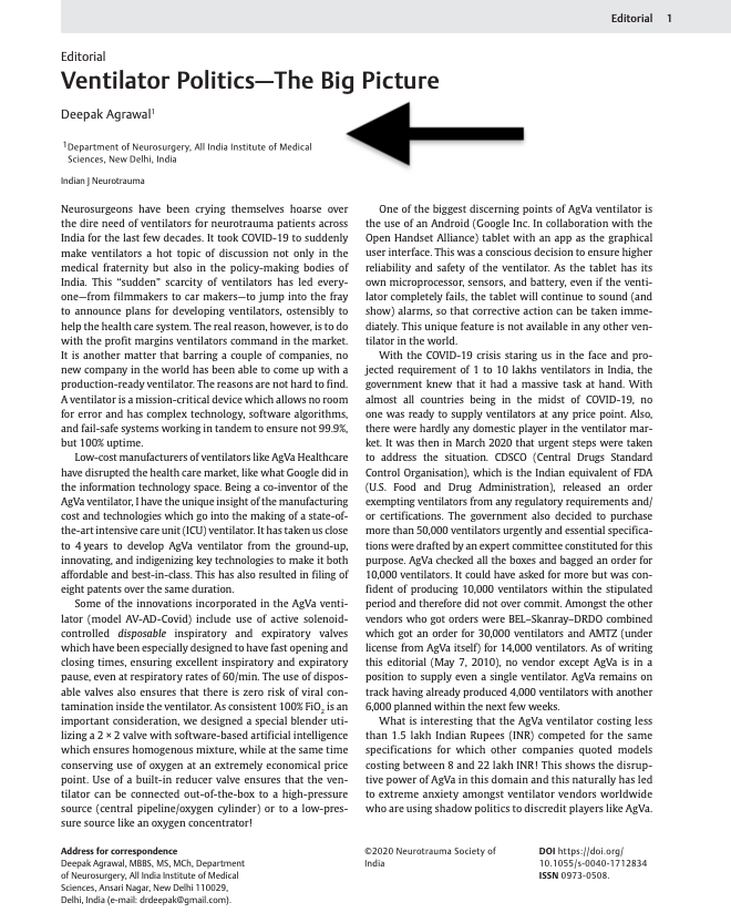 In between, a certain Dr. Deepak Agarwal of AIIMS wrote a paper in The Indian Journal of Neurotrauma on "ventilator politics" & lobbied for AgVa ventilators. The paper claims "no conflict of interest".But wait - Dr. Agarwal is the CO-FOUNDER OF AgVA Healthcare!(5/9)