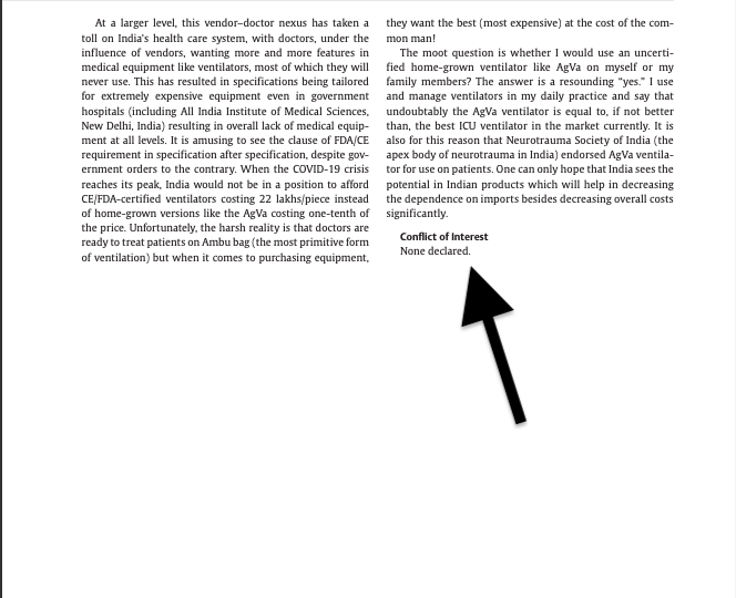 In between, a certain Dr. Deepak Agarwal of AIIMS wrote a paper in The Indian Journal of Neurotrauma on "ventilator politics" & lobbied for AgVa ventilators. The paper claims "no conflict of interest".But wait - Dr. Agarwal is the CO-FOUNDER OF AgVA Healthcare!(5/9)